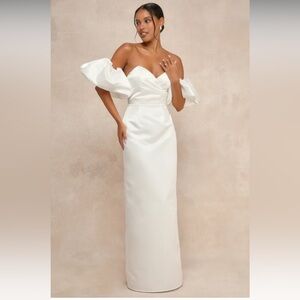 Lulus Profound Love White Satin Pleated Puff Sleeve Maxi Dress